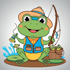 Cute Cartoon Frog Fishing with Hat, Vest, and Bucket of Fish