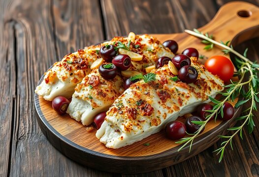 Crispy fried baccala with olives, garlic, and herbs on rustic wooden board, fish dish, dinner