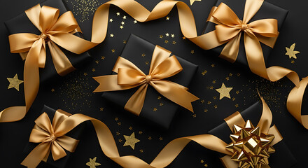 Black gift boxes with golden ribbons and stars image