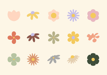 Set of abstract simple floral shapes in natural palette. Minimalistic elements for design, patterns, cards, packaging and decor. Vector illustration. Background. Wallpaper. Image. Set icons. Poster.