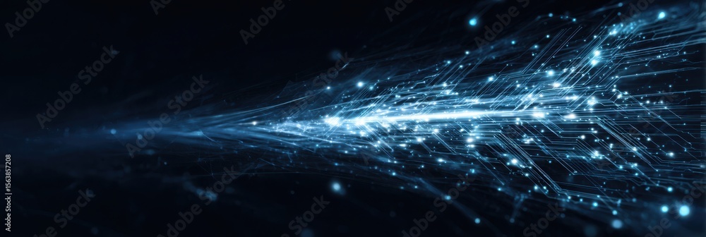 Poster abstract blue digital network flow with glowing circuits and data streams
