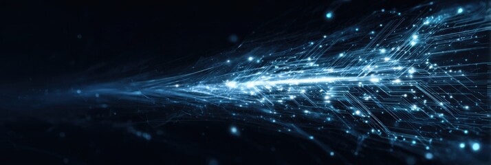 Fototapeta premium Abstract blue digital network flow with glowing circuits and data streams