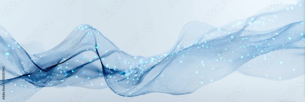 Poster abstract flowing blue wave pattern with glowing particles on a light background