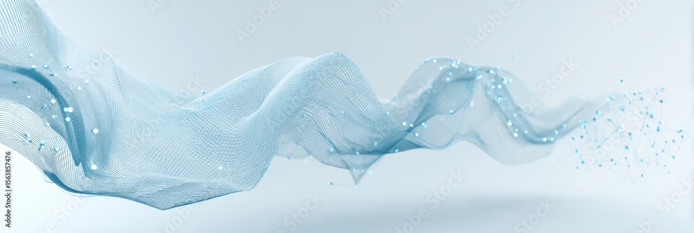 Poster abstract flowing blue mesh with shimmering particles and connected nodes