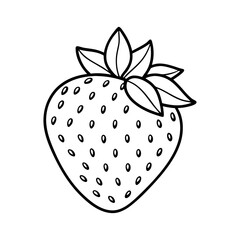 Simple black and white outline drawing of a single strawberry with leaves and seeds isolated on white background isolated on transparent background