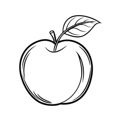 Stylized black and white line drawing of a single apple with a leaf and stem isolated on white background isolated on transparent background