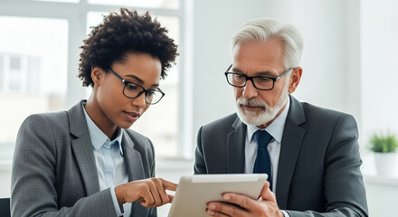Diverse business professionals collaborating on project using digital tablet in modern office