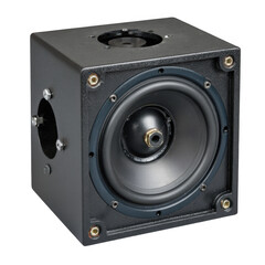 Obraz premium Black cube speaker with visible screws isolated on transparent background