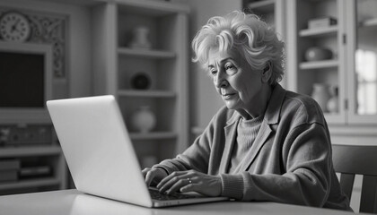 Elderly woman using laptop and concentrating at home in black and white  