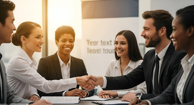 Diverse business professionals closing a deal with a handshake and smiles at a meeting room table