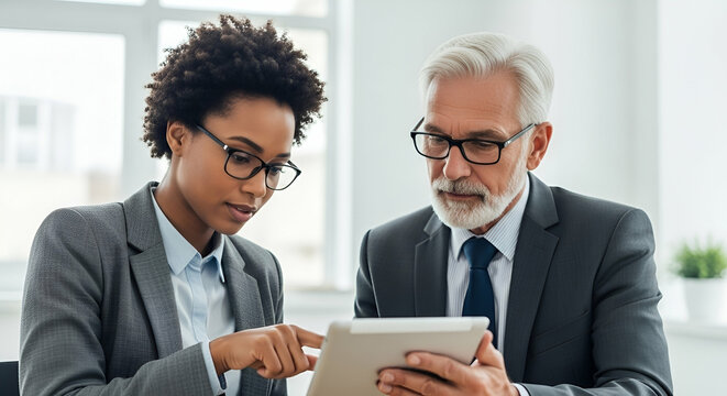 Diverse business professionals collaborating on project using digital tablet in modern office