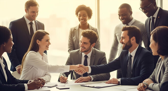 Diverse business team closing a deal with a handshake, fostering collaboration and trust in a - Powered by Adobe