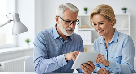 Engaging mature couple collaboratively explore digital content on a modern tablet device indoors