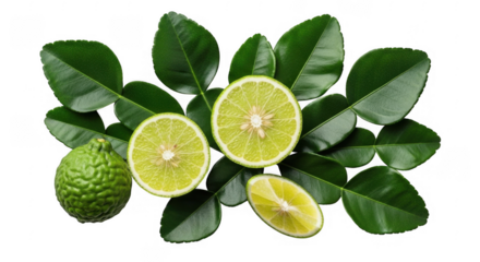 Fresh Green Limes and Leaves Arrangement for Culinary and Decorative Use, isolated on a transparent background