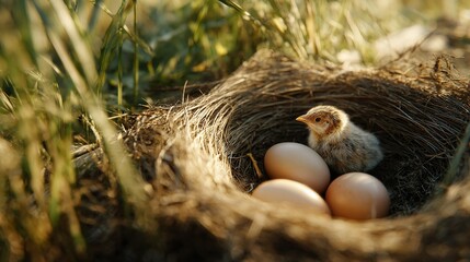 Adorable Baby Chick in Nest with Eggs Springtime Nature Scene