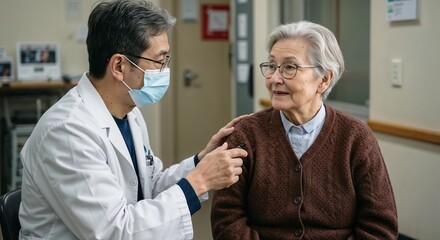 Fototapeta premium Doctor consulting elderly woman during health check in clinic 