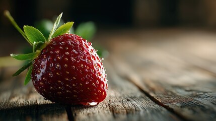 Juicy Red Strawberry on Rustic Wooden Surface Close up  of Fresh Fruit