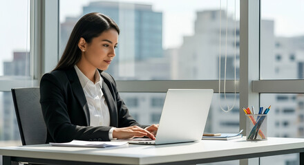 Focused professional working on laptop against a city skyline backdrop in modern office