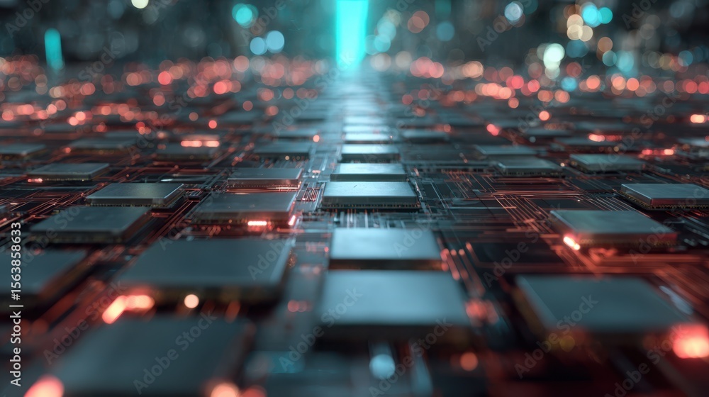 Poster futuristic digital network with glowing circuits and data flow
