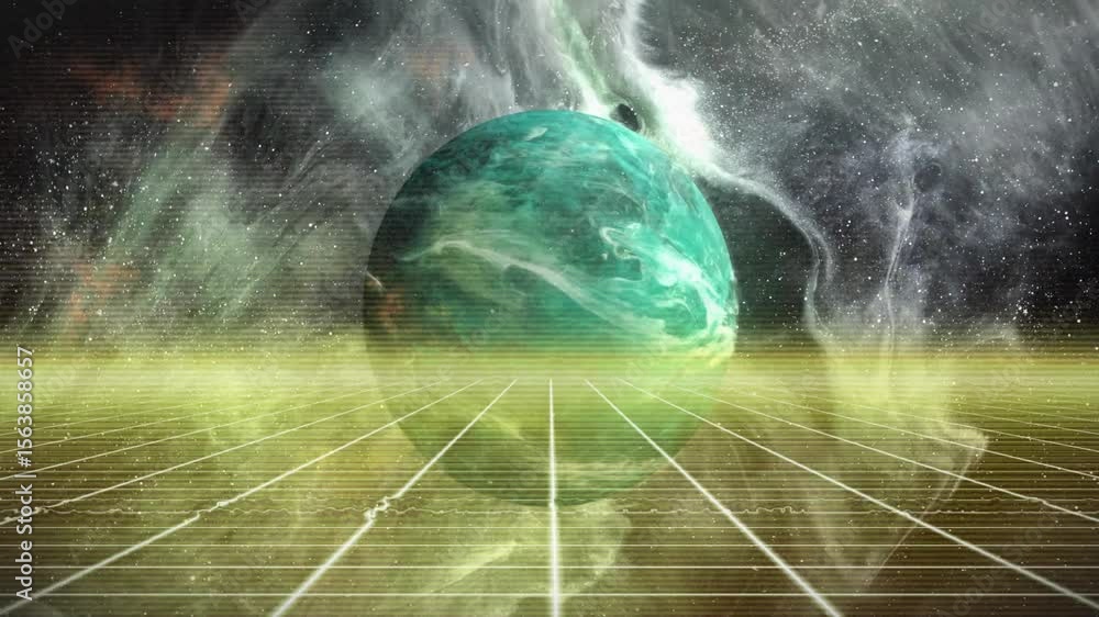 Poster after grid-plane receding sphere emerging pulsating particles drifting showing nebula backdrop