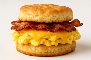 Delicious bacon egg and cheese biscuit sandwich on a white background