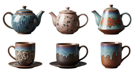 Elegant Teapots and Cups with Artistic Designs, Perfect for Tea Lovers and Home Decor Enthusiasts, isolated on a transparent background