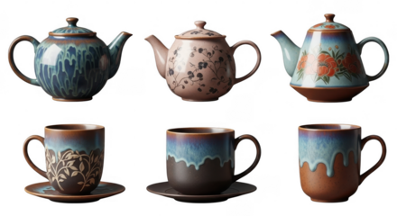 Elegant Teapots and Cups with Artistic Designs, Perfect for Tea Lovers and Home Decor Enthusiasts, isolated on a transparent background