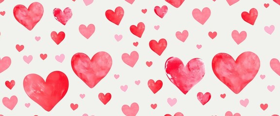 Delicate seamless pattern of red & pink pastel watercolor hearts Perfect for Valentine's Day cards, fabric, wrapping paper, scrapbooking,  love hearts,  surface pattern