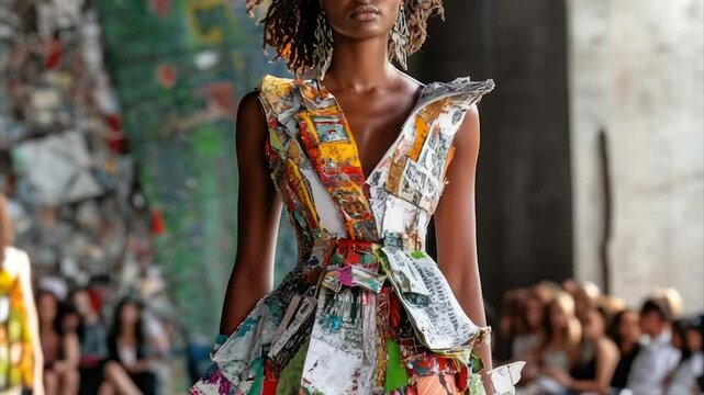 Recycled-paper dress, vibrant print, fitted bodice, flowing skirt, runway model