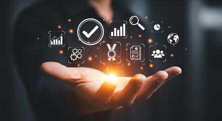 Business icons floating above open palm technology data