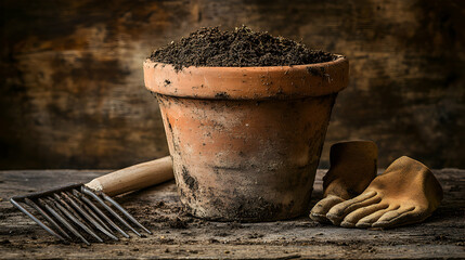 Naklejka premium Rustic terracotta pot filled with dark soil, gardening gloves, and a hand rake on a weathered wooden surface. A still life image evoking gardening and spring planting.