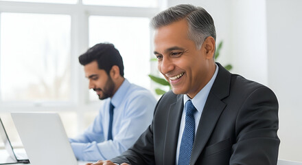Two business professionals collaborating happily at a workplace, utilizing technology for tasks
