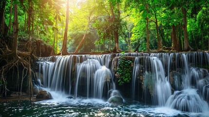 Fototapeta premium Panoramic Beautiful Deep Forest Waterfall in Thailand: Tropical Jungle Cascades, Scenic Natural Wonders, and Thai Wilderness Landscapes