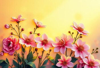 Classic oil painting style; pastel papercut flowers, golden hour light,  floral,  celebration