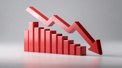 Red arrow pointing downward on a chart graph, symbolizing decline, decrease, or negative trend. Clean design with sharp lines on a minimalistic background, ideal for business and financial visuals.

