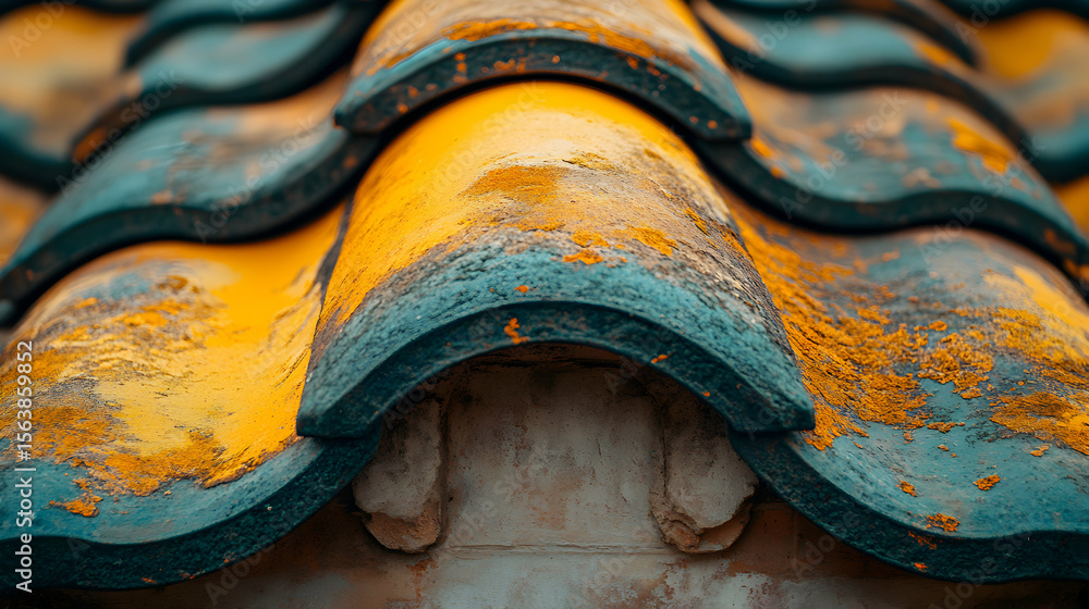 Aufkleber close-up of weathered teal and yellow roof tiles, showcasing texture and age. the image offers a det