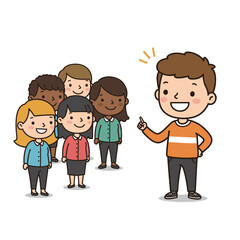 Boy with team building surrounded by diverse peers. Ideal for inclusion initiatives, educational diversity, and classroom cooperation.