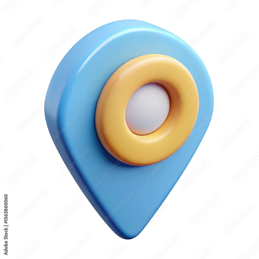 Fototapete stylized 3d blue map pin with a yellow sphere inside and a light pink tip isolated on transparent ba