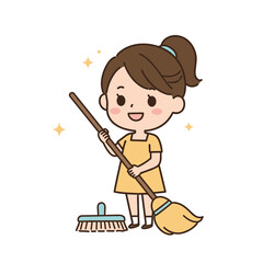 Girl with broom and dustpan in yellow dress. Perfect for cleaning services, household chores, or home maintenance instructions.