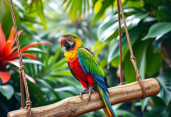 Obraz premium Vibrant parrot on wooden swing, lush tropical leaves, nature, green