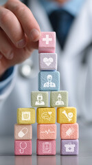 Doctor arranging pastel blocks with medical icons showing project workflow. image conveys organization and healthcare planning