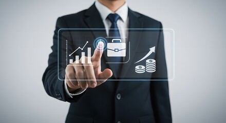 Businessman Interacting with Futuristic Transparent Interface Showing Growth, Profit, and Investment