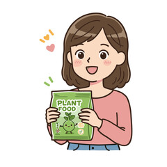 Young girl with a cheerful expression holding a plant food package