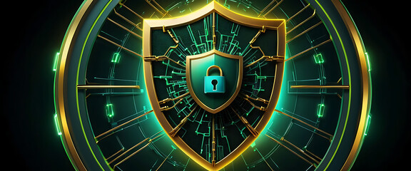 Abstract 4d cyber security shimmering protection shield on the middle of the connected protection glowing network with negative space on the right transparent glasd, dark green lemon gradient theme, g