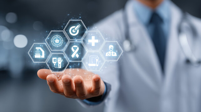 Doctor in white coat holds glowing medical icons in open palm, symbolizing healthcare innovation