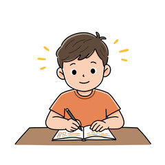 Boy writing in notebook with concentration. Education and studying concept for homework, learning, and academic development.