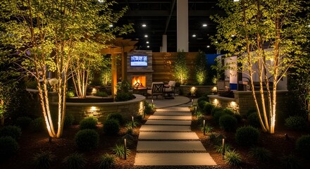 Illuminated Outdoor Living Space with Fireplace and Landscaping at Night ,modern design luxery home on lightin 

