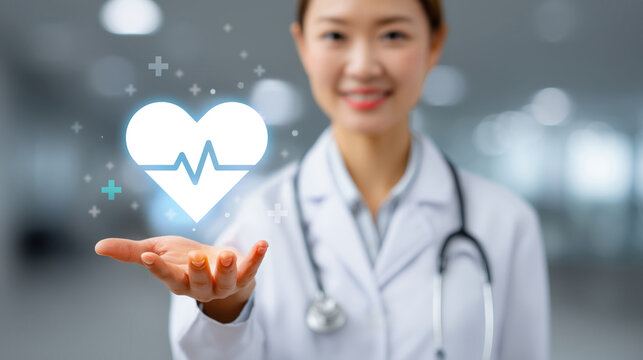 Young Asian female doctor in white coat holds glowing heart icon with heartbeat line, symbolizing cardiology healthcare and compassion