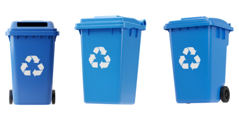 blue recycle bin different views set PNG. Blue bin for recycling trash isolated. Blue garbage bin isolated in multiple angles on transparent background for waste sorting visuals