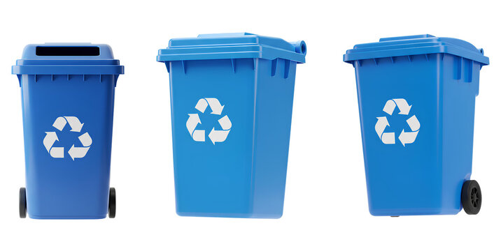 blue recycle bin different views set PNG. Blue bin for recycling trash isolated. Blue garbage bin isolated in multiple angles on transparent background for waste sorting visuals